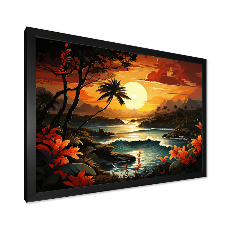 «Vintage Tropical Coastline Paradise I», art mural bord de mer tropical, Cadre d'angle fermé noir, H 24 po x l 32 po x P 1 po