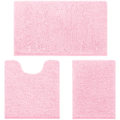  3 Pieces Bathroom Rugs, Ultra Soft Non Slip Absorbent Chenille Toilet Bath Mat Set (Light Pink,17"x24"+20"x32"+U Shape 20"x24")