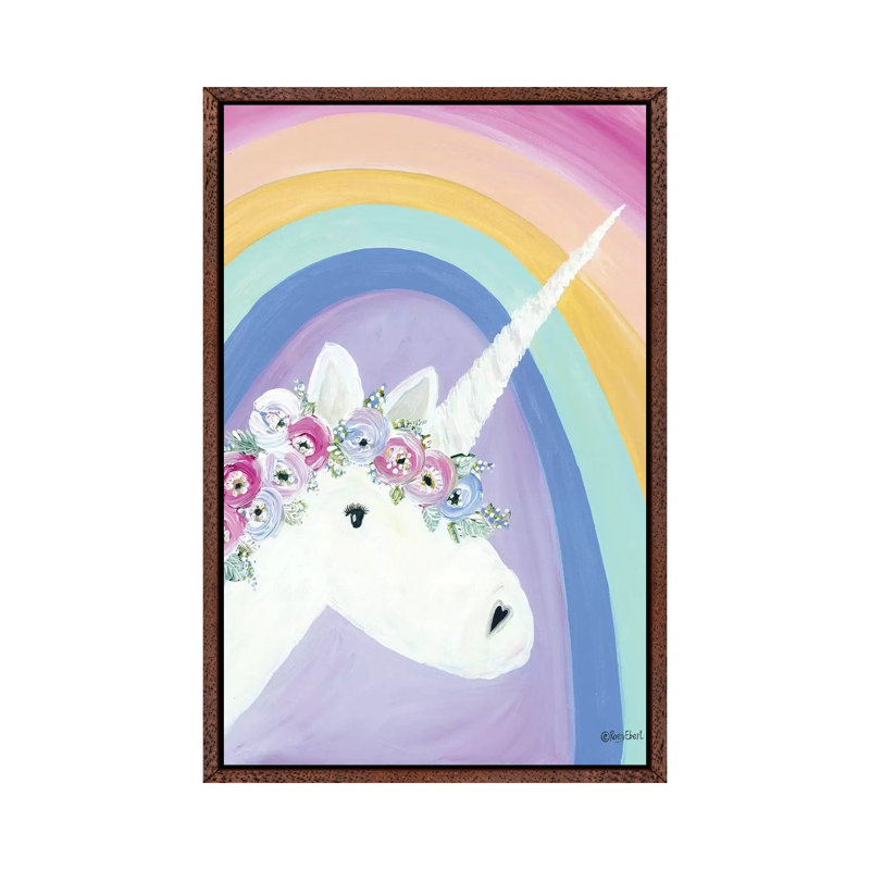 Floral Unicorn I by Roey Ebert - Painting on Canvas, 101.6cm H x 66.04cm W x 3.81cm D, Classic Brown Wood Framed