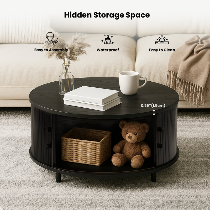  31.5" Wood Round Coffee Table with 360° Sliding Door Large Storage