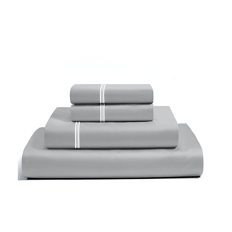 400TC Cotton Classic Luxurious Embroidery Cotton 4 Piece Sheet Set Fitted Sheet Fits Upto 16" Deep Pocket, Light Gray/White