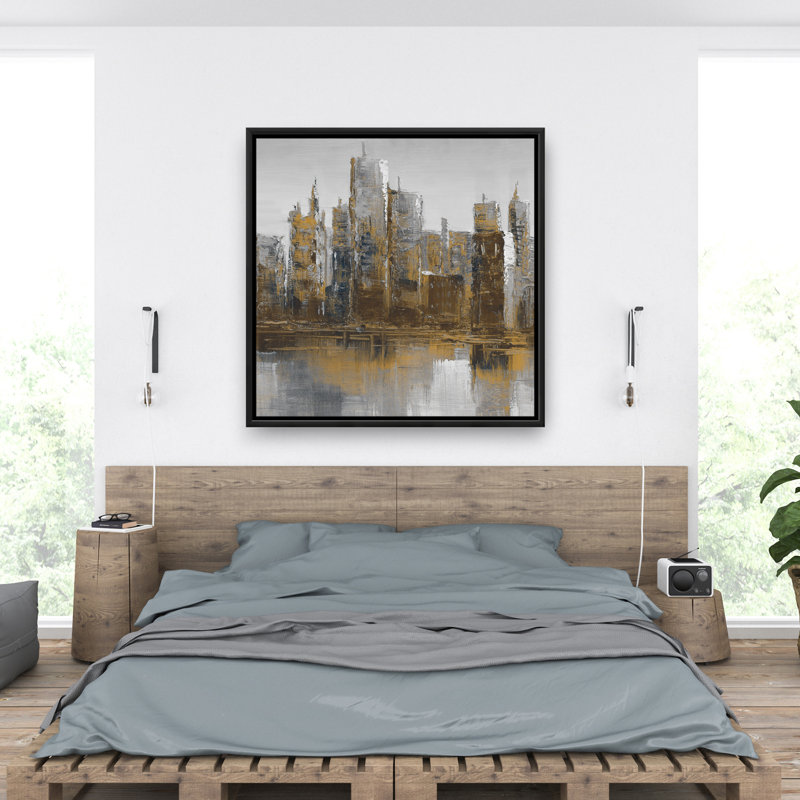 Gray and Yellow Cityscape - Building Brown Framed Canvas Decor