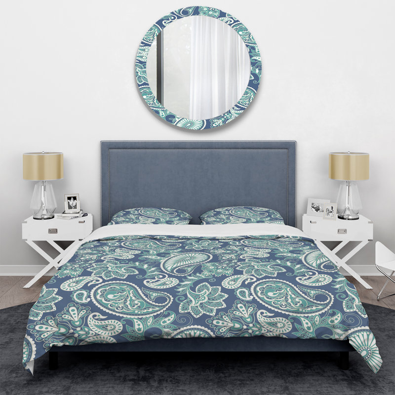 Ensemble de housse de couette à motif cachemire floral bleu et vert, Housse de couette simple + 1 taie décorative stan