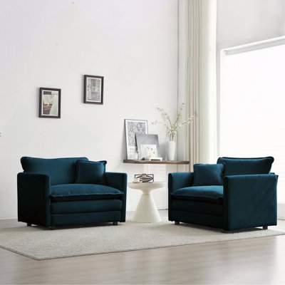 Ensemble de 2 chaises d'appoint, fauteuils rembourrés en chenille haut de gamme, chaises d'appoint de salon avec coussin décoratif, chenille bleue