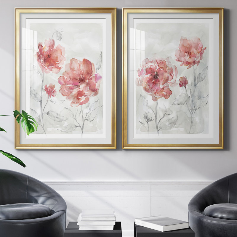 «Blush Botanical I», ensemble de 2 reproductions d'art, Blanc, Papier encadré doré, H 30,5 po x l 85 po x P 1,5 po