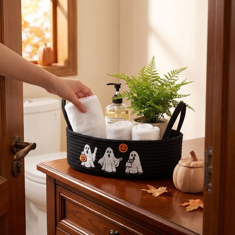 Décoration d'Halloween : Panier de rangement en corde de coton noire tressée avec broderie citrouille fantôme et poignées, idéal pour la salle de bain ou la table.