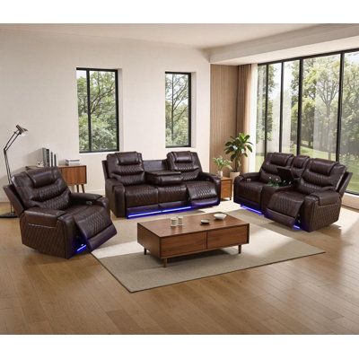 3-Piece Breathing Leather Power Recliner Sofa Set With LED Light,Wireless Charging Station,And Storage Console by Ivy Bronx