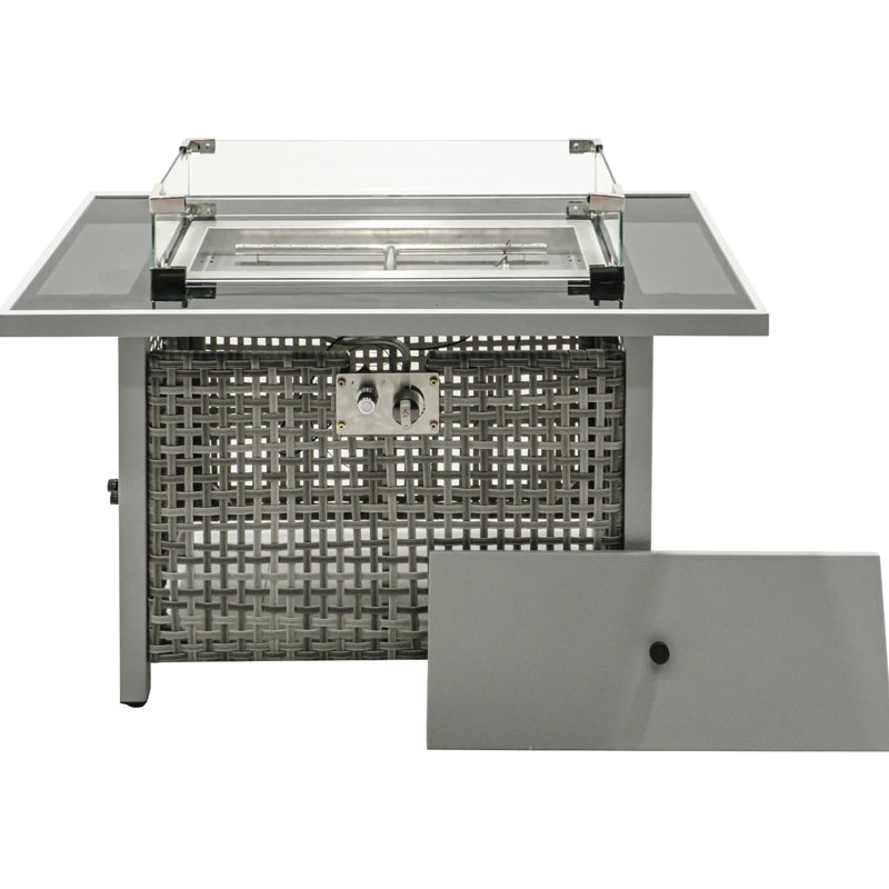 43 Inch Rectangular Propane Fire Pit Table, 60000 , Open Weave In Grey, With Blue Glass Stone Decoration And Tempered Wind Guard For Outdoor Celebrations 43" Grey Gas Bohemian Design, Removable Lid,