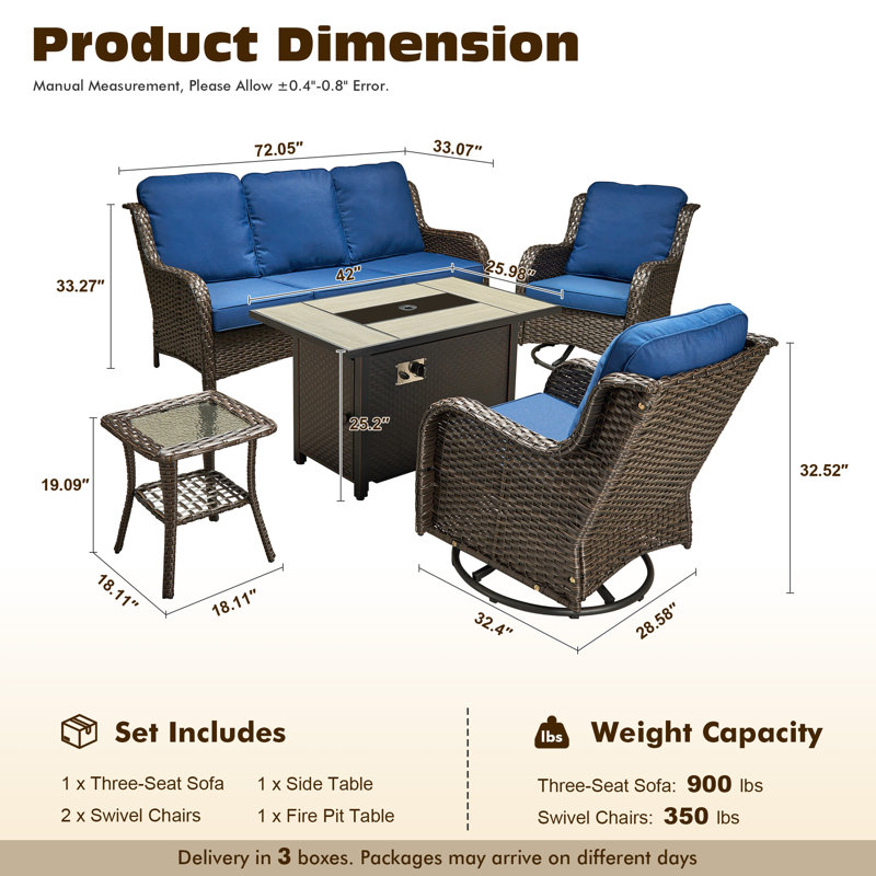 5-Piece All-Weather Wicker Patio Furniture Set With 42” Fire Pit Table, Deep Seating Sofa & Swivel Rocker Chairs For Backyard, Patio & Poolside Evenings