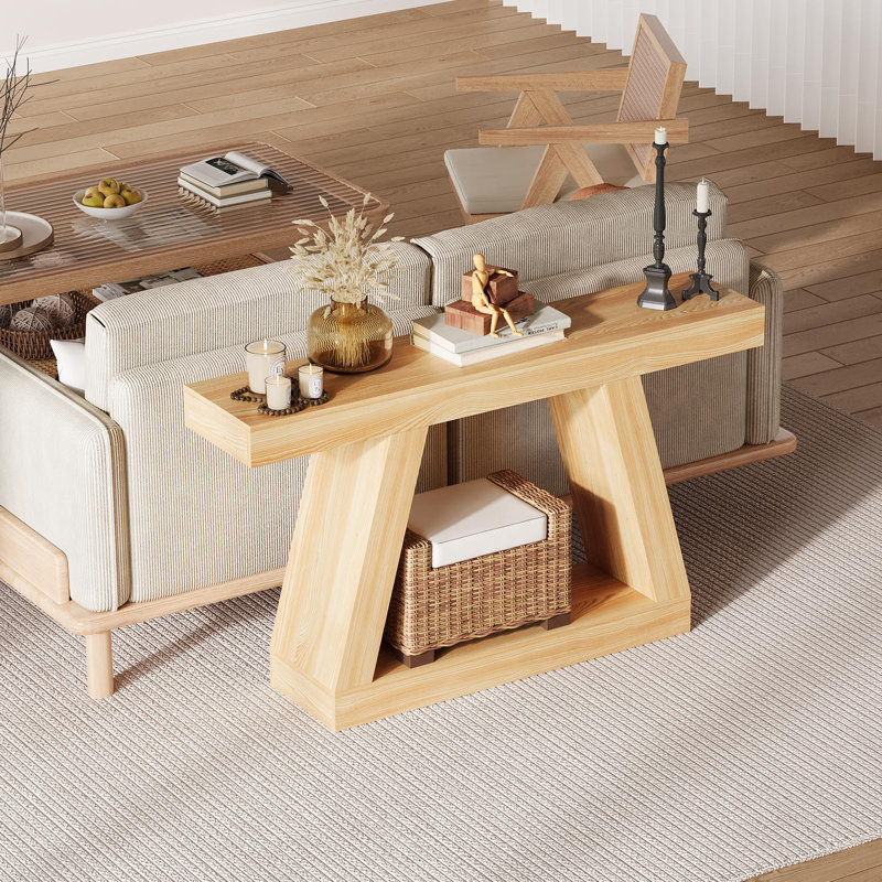 55" Farmhouse Console Table, 2-Tier Wooden Trapezium Sofa Table with Open Shelf, Rustic Entryway Table, Natural