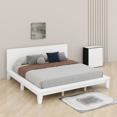 Structure de lit plateforme en bois avec tête de lit, structure de lit robuste et moderne avec support en lattes de bois