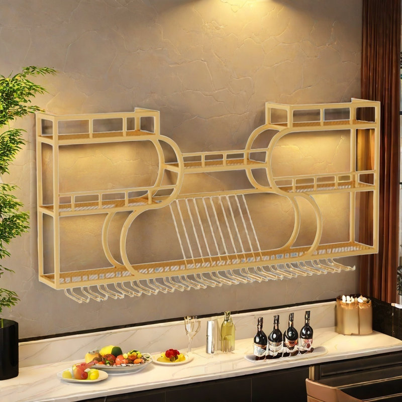 Multi-tier creative wall mounted wine rack, 33.8" H x 59" W x 7.8" D, Gold