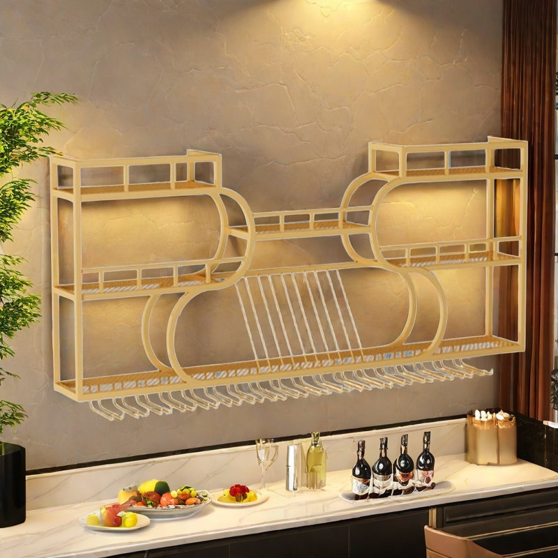 Porte-bouteilles mural à plusieurs niveaux, Doré, H 33,8 po x l 70,8 po x P 7,8 po