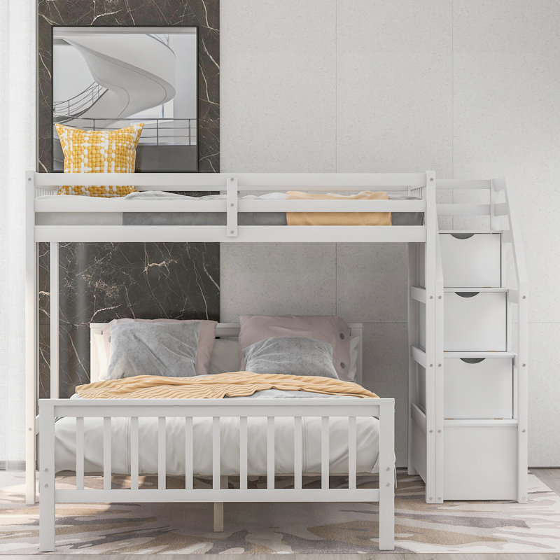 Lit mezzanine simple au-dessus d'un lit double avec escalier en blanc, Blanc