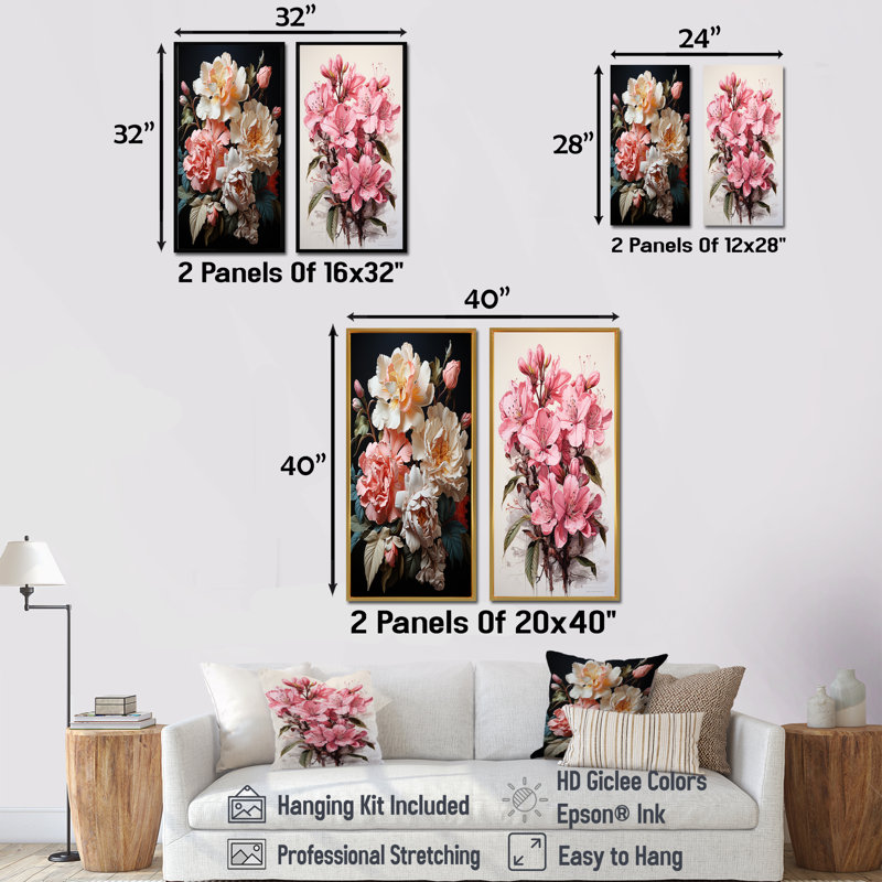 Fleurs de rhododendron orné Bliss - ensemble de 2 reproductions d'art rhododendron, H 28 po x l 25 po, Cadre flottant noir
