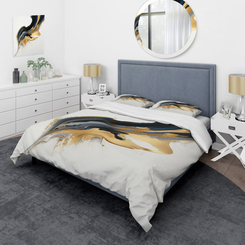 Ensemble de housse de couette en microfibre / polyester noir, blanc et or, Housse de couette simple + 1 taie décorative stan