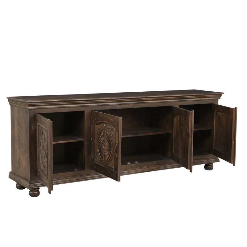 Buffet en bois de manguier massif sculpté à la main avec portes florales, L 102 po, Brun grillé
