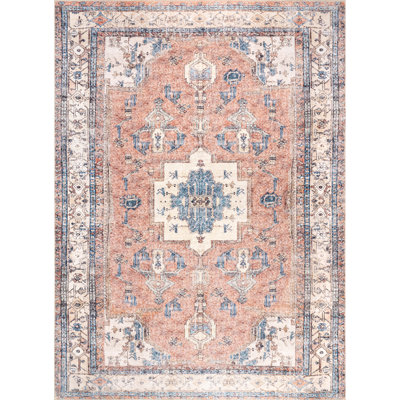 Oriental Medallion Machine Washable Area Rug for Living Room Bedroom Dining Room Kitchen, Light Rust/Ivory