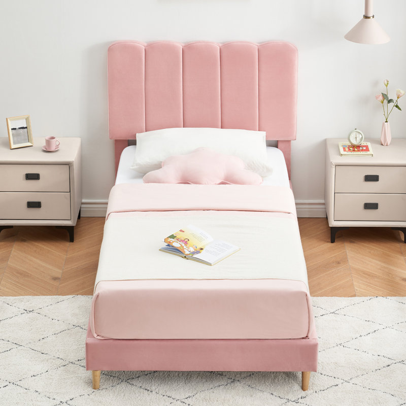 Structure de lit simple, lit plateforme tapissier avec tête de lit, sans sommier, sans bruit, Pink