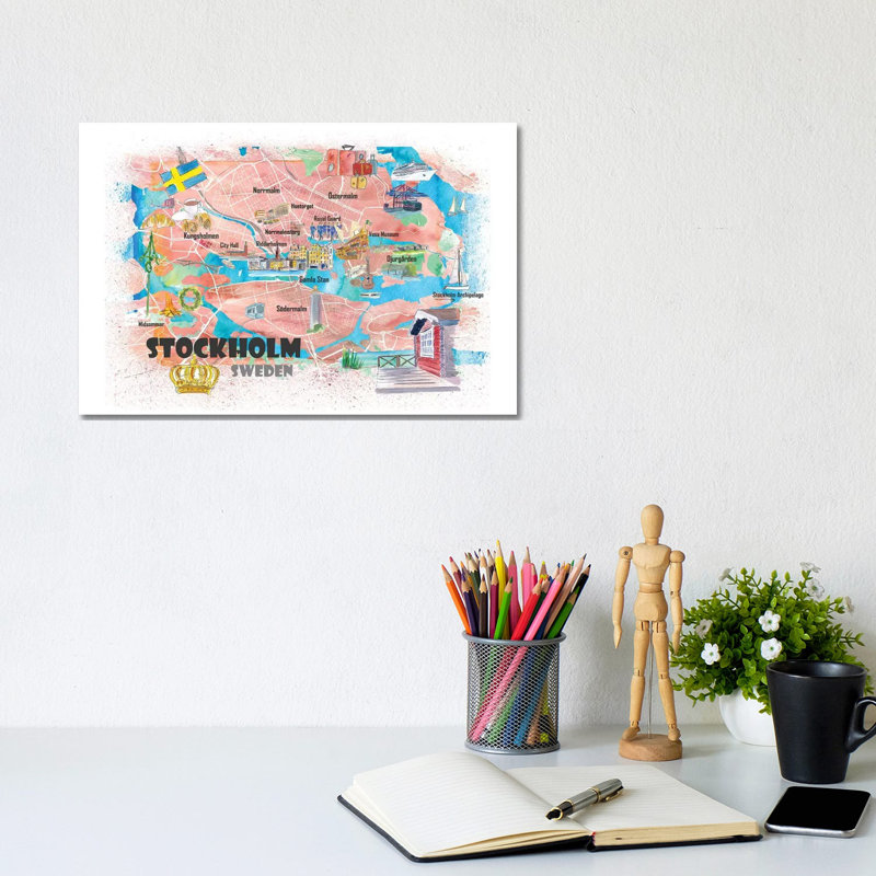 Stockholm Sweden Illustrated Map With Main Roads Landmarks And Highlights 1 Piece Wrapped Canvas Wall Art