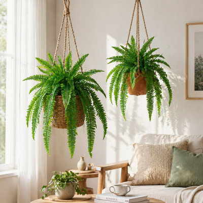 Set of 2 Artificial Boston Fern Plants, UV Resistant Faux Fern Bushes for Indoor & Outdoor Garden, Patio & Hanging Basket Decor