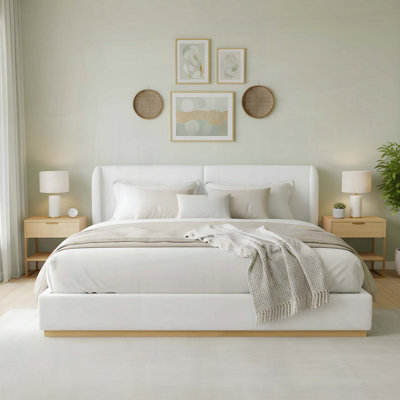 Modern White Winged Bed Frame with Enclosed Wood Base