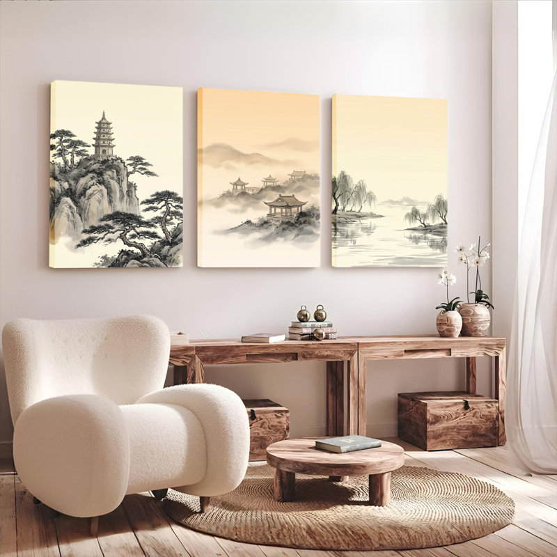 Ensemble de 3 tableaux sur toile représentant un paysage chinois avec pagode et montagnes, H 24 po x l 48 po