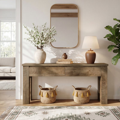 Console en bois de 63 po avec 2 tiroirs, canapé de style campagnard derrière le canapé pour le salon et le vestibule
