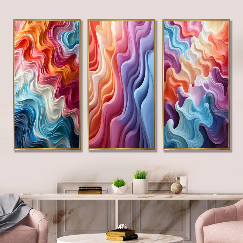 Multicolore Op Art Illusory Profondeur - ensemble de 3 reproductions d'art sur toile Op Art, Cadre flottant doré