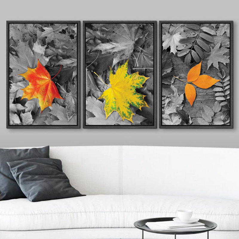 Autumn Yellow Orange Leaves Modern Wall Decor, 24" H x 48" W, Black Floater Framed