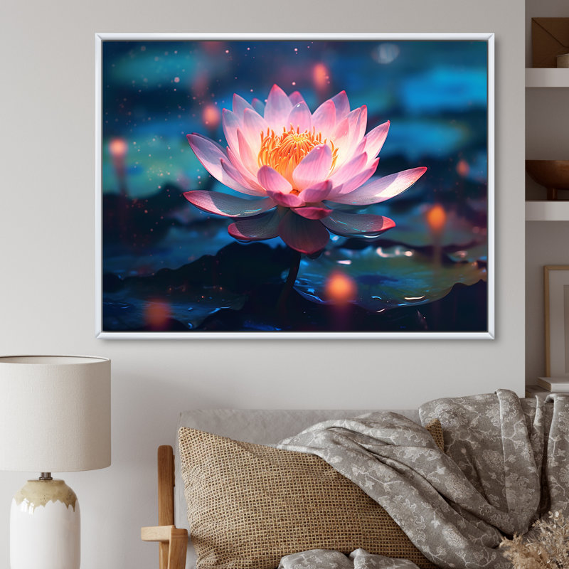 «Blossoming Wild Pink Lotus In Pond», reproduction sur toile, H 30 po x l 40 po x P 1,5 po, Cadre flottant blanc