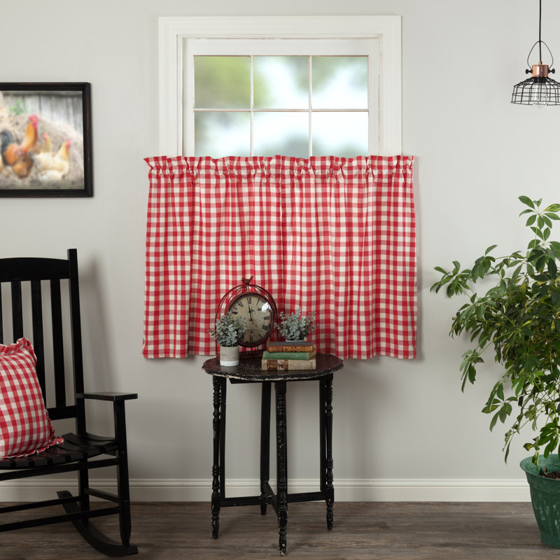 Annie Buffalo Check Plaid Cotton Ruffled Cafe Curtain, 72" W x 36" L, Red