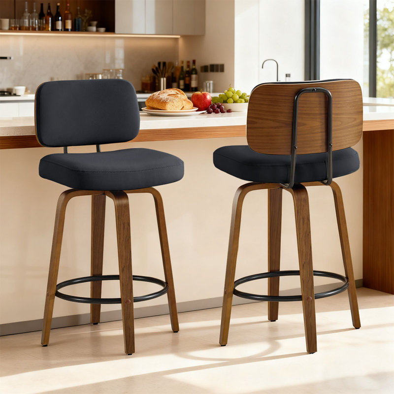 27" Set of 2 Swivel Faux Leather Counter Height Bar Stools with Backrest,Black, Black, 2