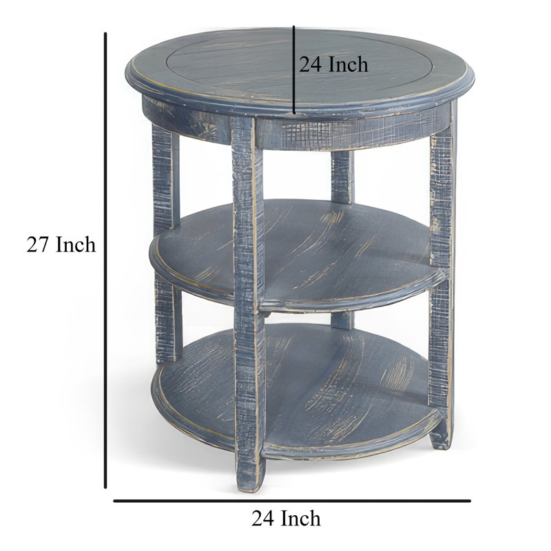 Distressed Blue Mahogany Round Side Table with Scalloped Trim