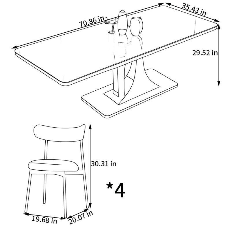 Ensemble de table de salle à manger rectangulaire et chaises, H 29,52 po x L 70,86 po x l 35,43 po