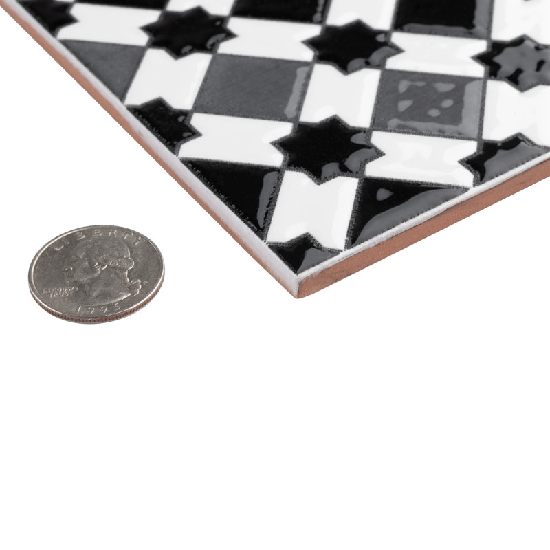 Sevillano Giralda 8" x 8" Ceramic Patterned Tile, Gray/Black