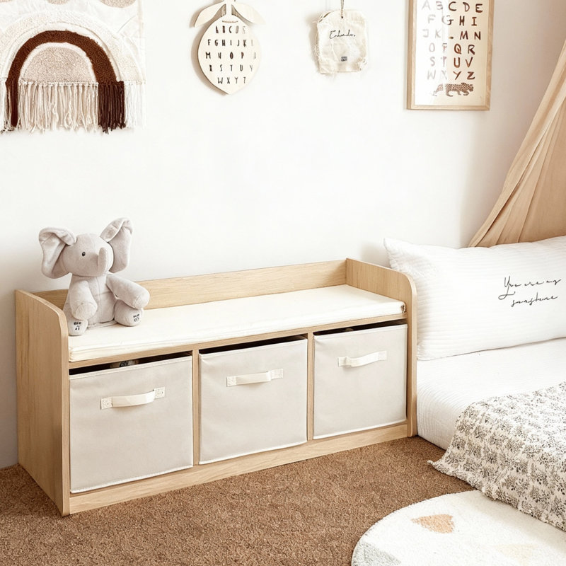 Banc de rangement avec coussin pour enfants, coin lecture, 3 tiroirs et organisateur de livres
