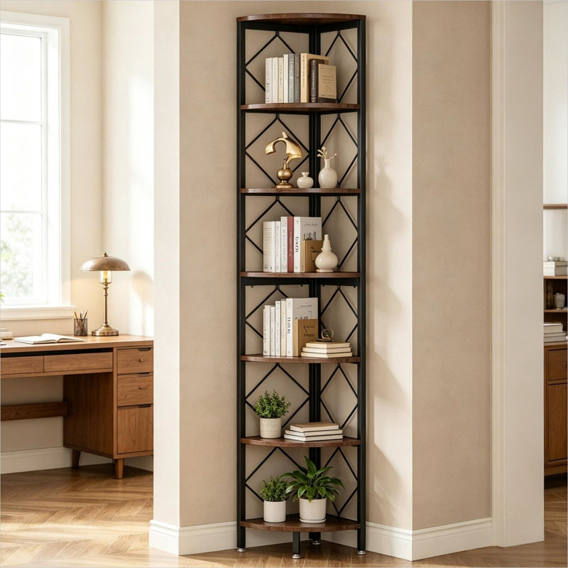 7-Tier Corner Bookshelf with Anti-Tip Kit, Steel and Particle Board, for Home Office Storage