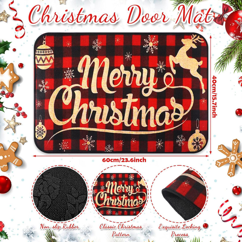 Tapis de Noël pour l'extérieur Merry Christmas Paillasson décoratif antidérapant Buffalo