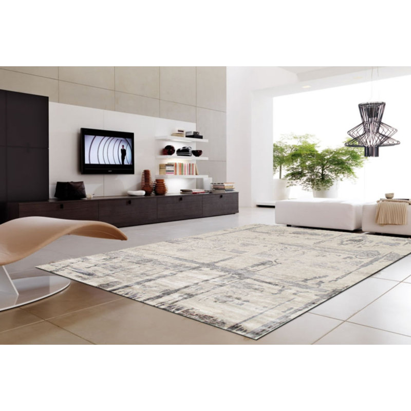 Modern Hand Knotted Abstract Area Rug in Ivory/Grey, Rectangle 6' 1" X 8' 7"