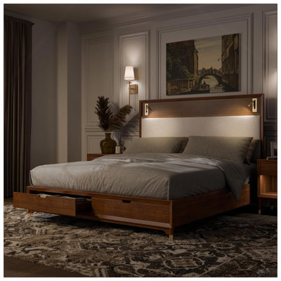 Mid-Century Modern 1pc Queen Size Bed w Storage Drawers Walnut Solid wood Upholstered HB Reading Light Bedroom Furniture