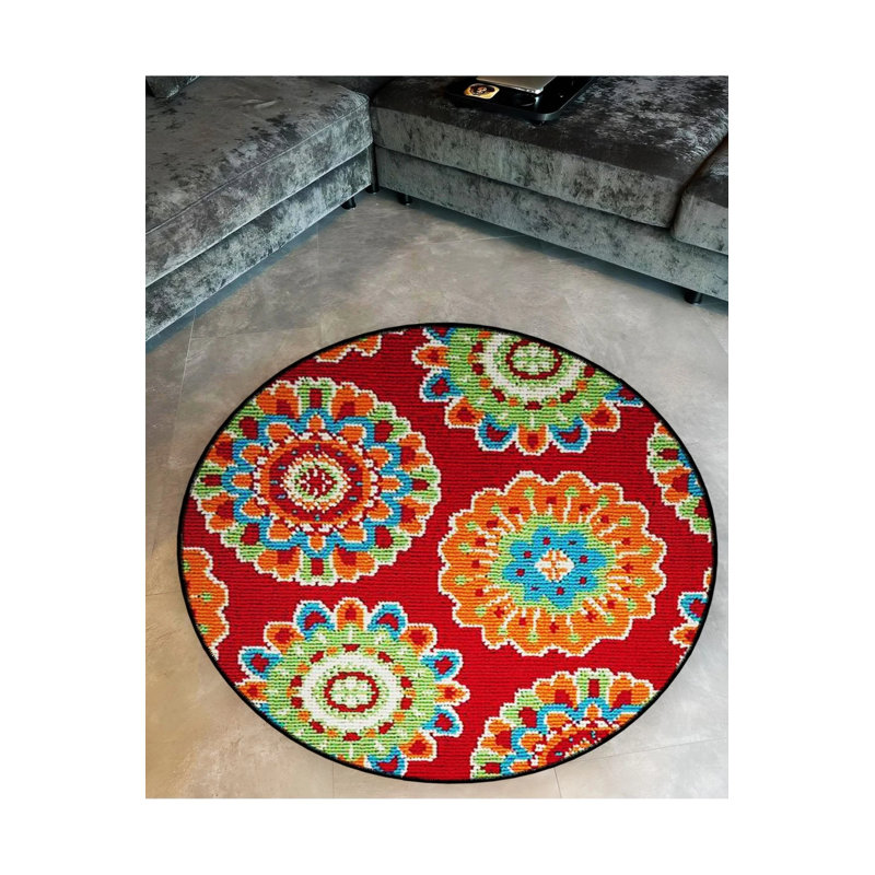 Orange Red Flower Detailed Woven Base Modern Decorative Carpet, Round 2'8"