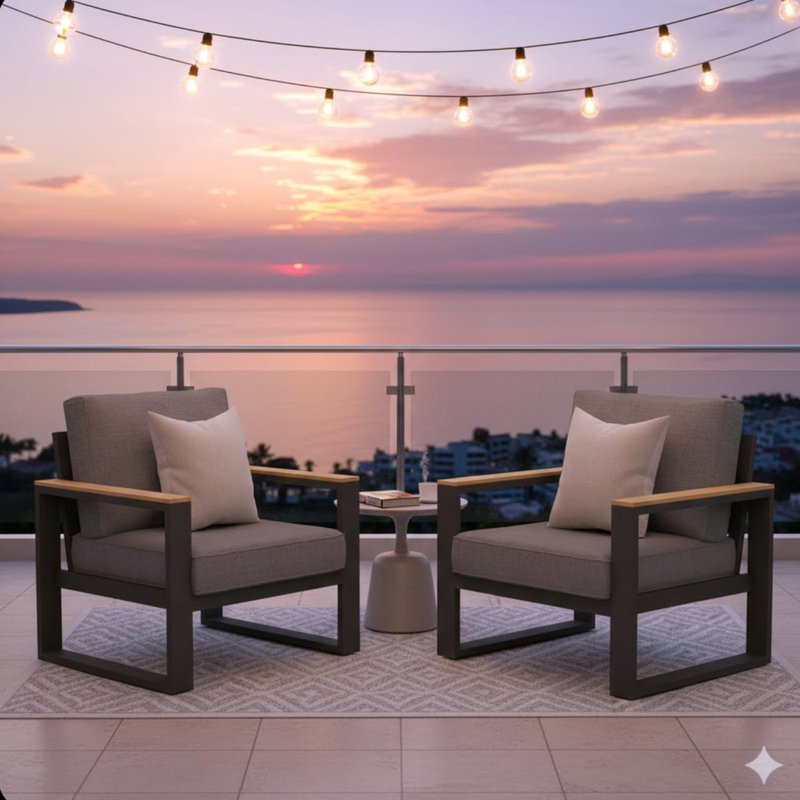 Set Of 2 26.6" All-Weather Aluminum Patio Armchairs With Thick Cushions, Gray