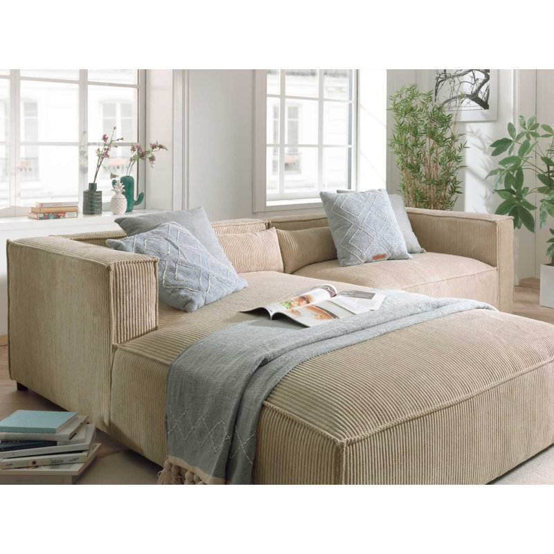4 Seater Left Corner Sofa - Corduroy - Contemporary Style, Beige, Left Hand Facing