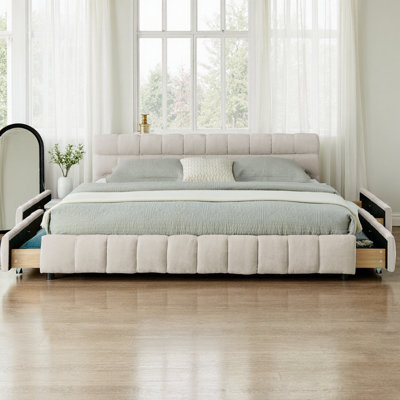 Cocoon King Size Upholstered Platform Bed with Storage Drawers, Soft Chenille Fabric Bed Frame with Headboard, Modern Grounded Design, No Box Spring Needed, Easy Assembly