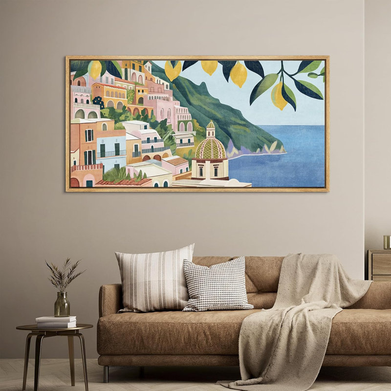 Village côtier méditerranéen avec citronnier rétro rétro, illustrations d'art colorées, H 30 po x l 60 po, Naturel