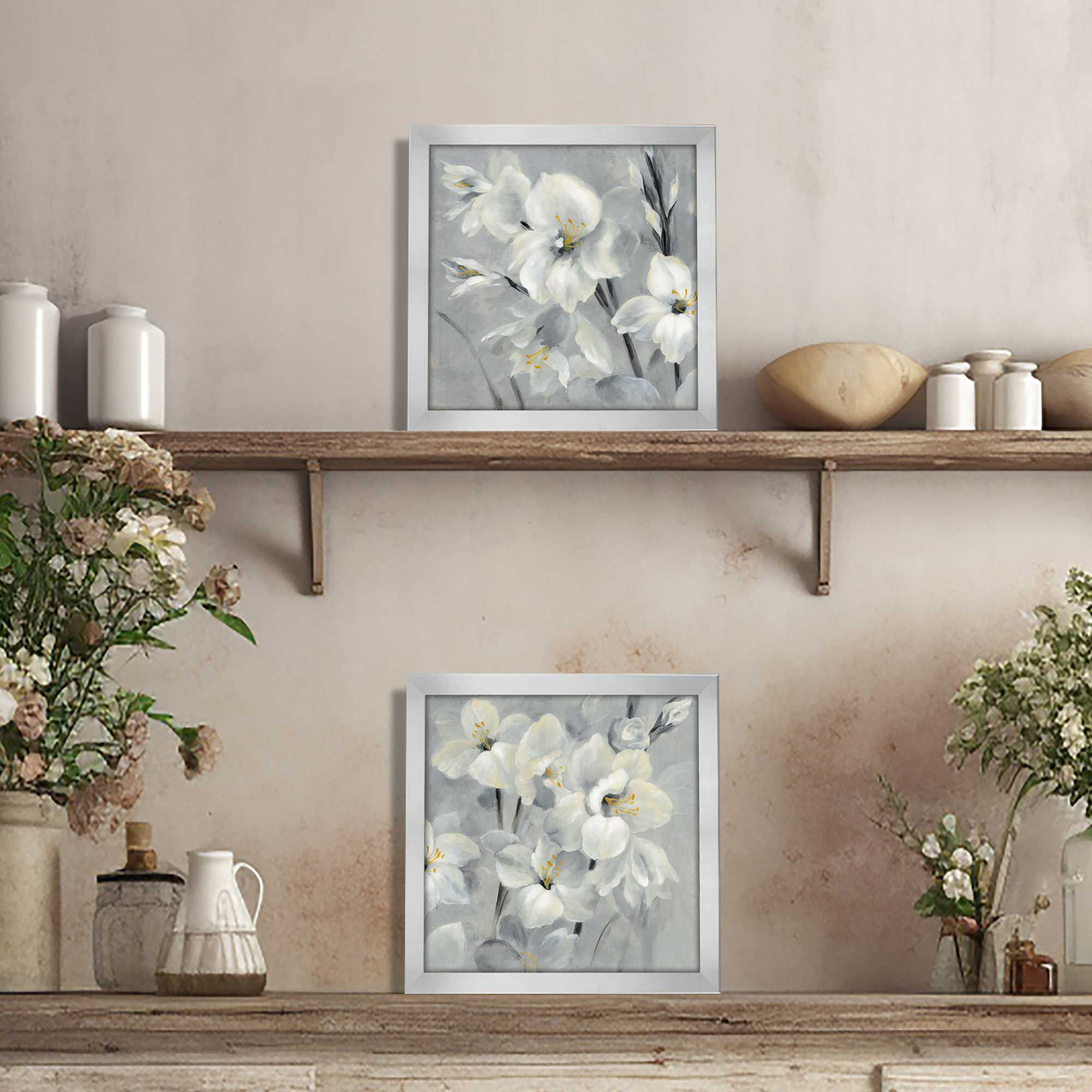 Winston Porter Flowers On Gray Framed On Paper 2 Pieces Set | Wayfair