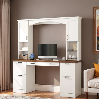 Bureau d'ordinateur Farmhouse Arched avec station de charge, plateau à clavier, tiroirs classeurs, armoires et tablettes ouvertes