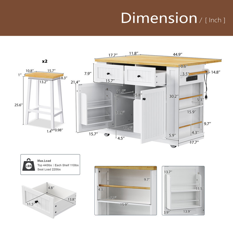 48Inch Large Kitchen Island With 2 Bar Stools, Power Outlet, Door Internal Storage Rack, Kitchen Storage Cart On 5 Wheels With Drop Leaf, 5 Open Side Racks, 2 Drawers