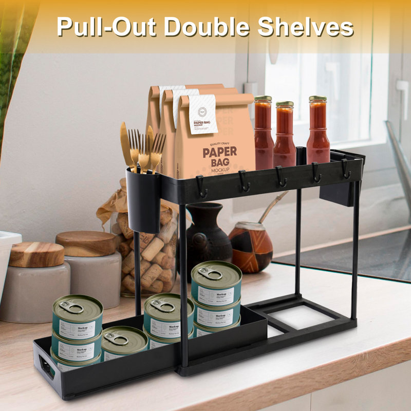  2-tier kitchen multi-functional storage shelves for 2 pcs, single layer pull-out 15.6"x8.6"x13.2"